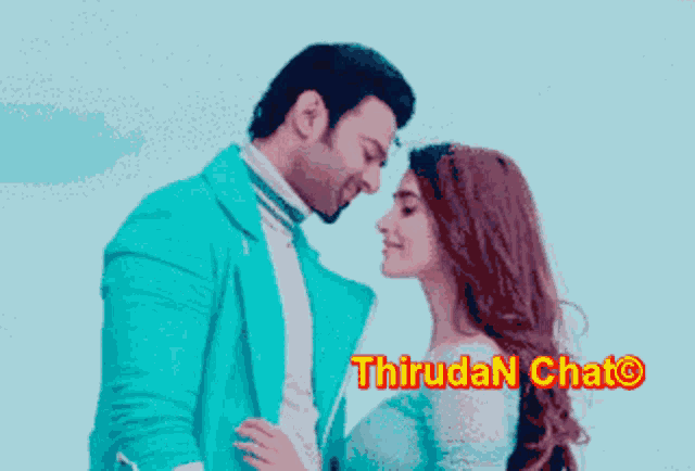 a man and a woman are looking into each other 's eyes with the words thrudan chat written on the bottom