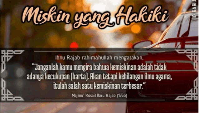 miskin yang hakiki is written on a poster with a red car in the background