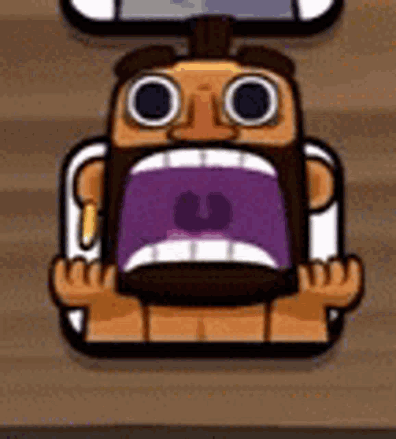 a cartoon character with a beard is sitting on a wooden table with his mouth open .