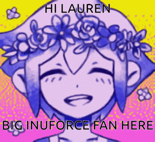 a picture of a girl with a flower crown on her head and the words hi lauren big inuforce fan here