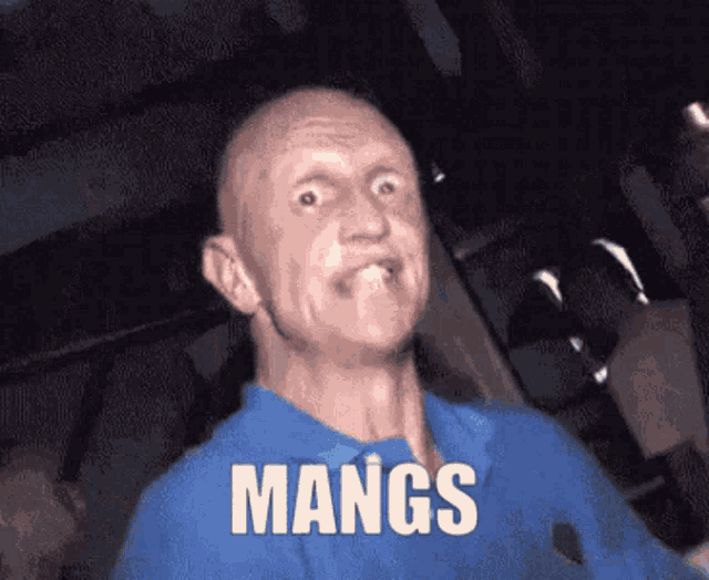 a bald man in a blue shirt is making a funny face and the word mangs is on his shirt