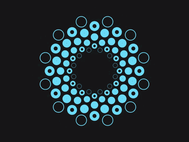 a circular pattern of blue circles on a dark background