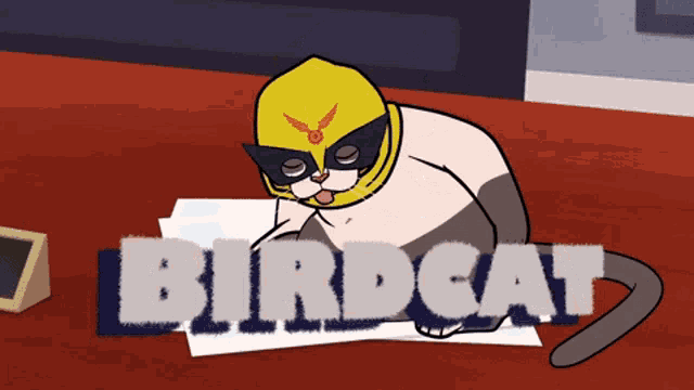 a cartoon of a cat wearing a wrestling mask and the word birdcat
