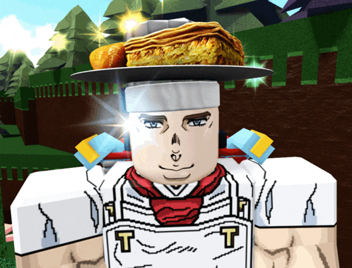 a cartoon character with a plate of food on his head with the letter t on his apron