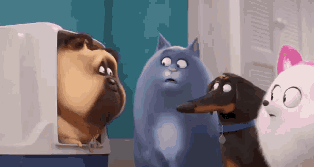 a group of cartoon animals including a pug dog and a cat
