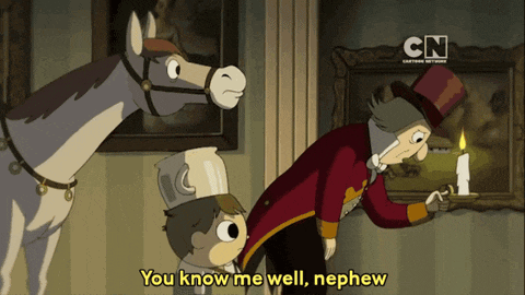 a cartoon of a man holding a candle and a horse says you know me well nephew