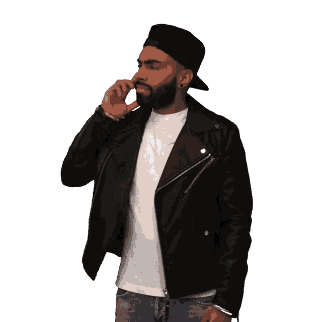 a man with a beard wearing a hat and a black leather jacket
