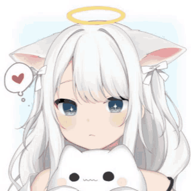 a girl with white hair and blue eyes is holding a cat pillow .