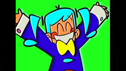 a cartoon character with blue hair and a yellow bow tie is standing with his arms outstretched on a green background .