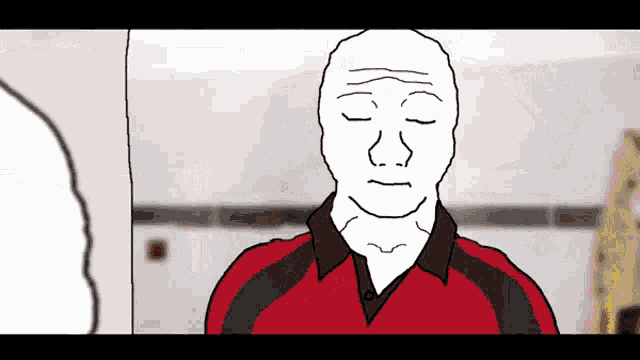 a cartoon of a man with his eyes closed wearing a red and black shirt