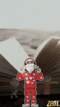a cartoon character is standing in front of an open book and the word zhot is on the bottom left