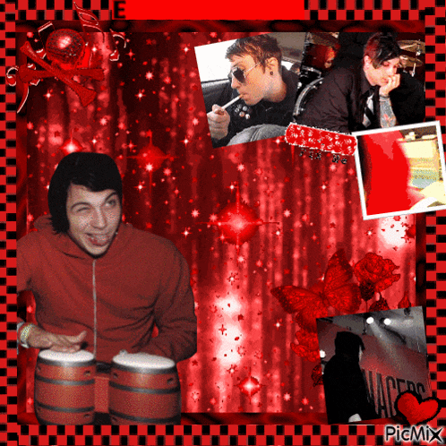 a man in a red shirt is playing drums in a red and black photo collage