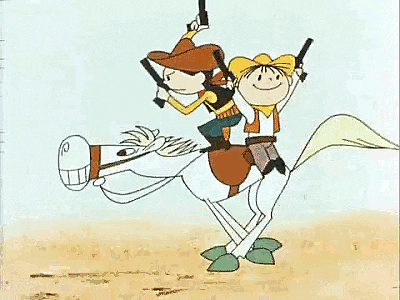 two cowboys are riding on the back of a white horse while holding guns .