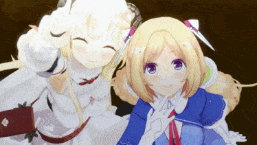 two anime girls are posing for a picture together