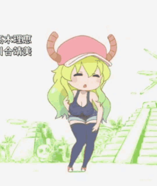 a drawing of a girl with horns and a pink hat