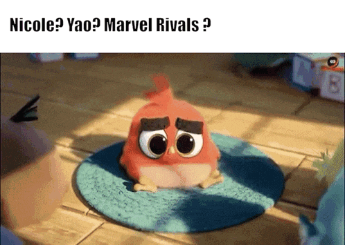a cartoon bird with big eyes is sitting on a blue rug with the caption nicole yao marvel rivals