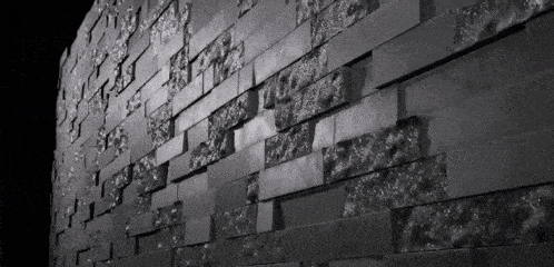 a black and white photo of a wall with bricks on it