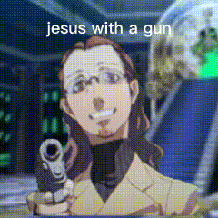 a man in a suit is holding a gun with the caption jesus with a gun