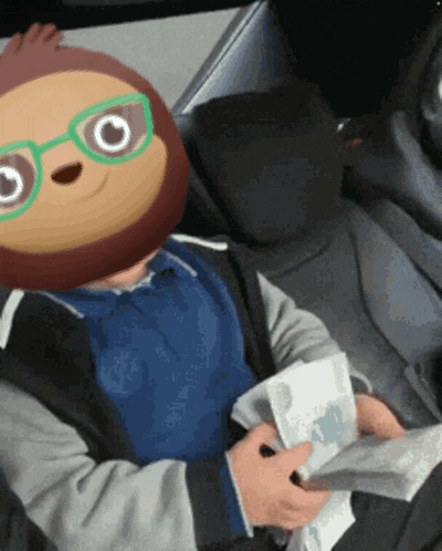 a sloth wearing glasses and a blue shirt is holding a napkin