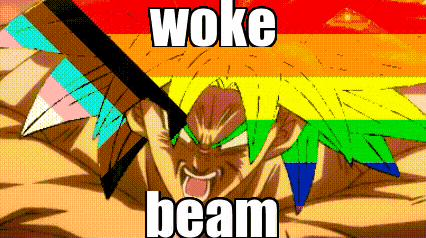a cartoon character with a rainbow flag behind him and the words woke beam above him