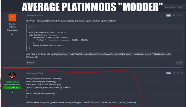 a screenshot of a forum with average platinmods modder written on it