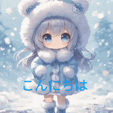 a little girl wearing a blue coat and a white hat is standing in the snow with chinese writing behind her