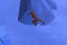 a bear is jumping off a snow covered cliff in a cartoon .