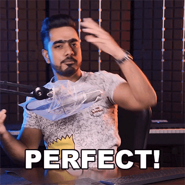 a man in a bart simpson shirt is holding an umbrella in a plastic bag and the word perfect is above him