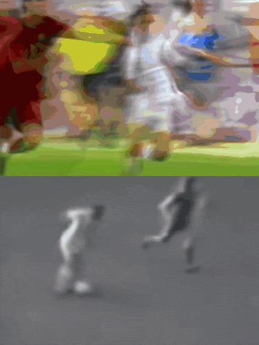 a blurry picture of soccer players on a green field and a blurry picture of soccer players on a gray field