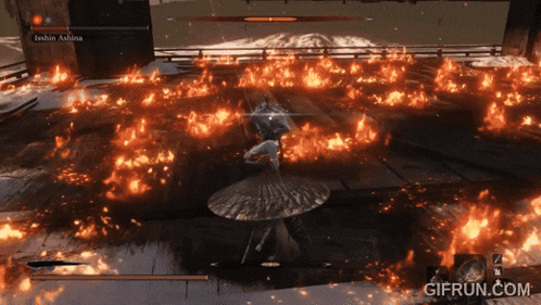a video game screen shows a samurai fighting a demon named isshin ashina