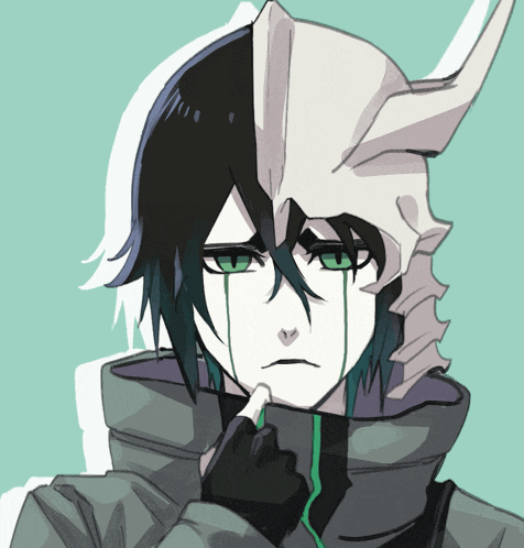 a drawing of a person with green eyes and a helmet on their head
