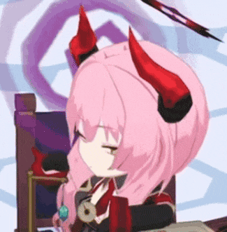 a girl with pink hair and red horns is sitting in a chair with her eyes closed .