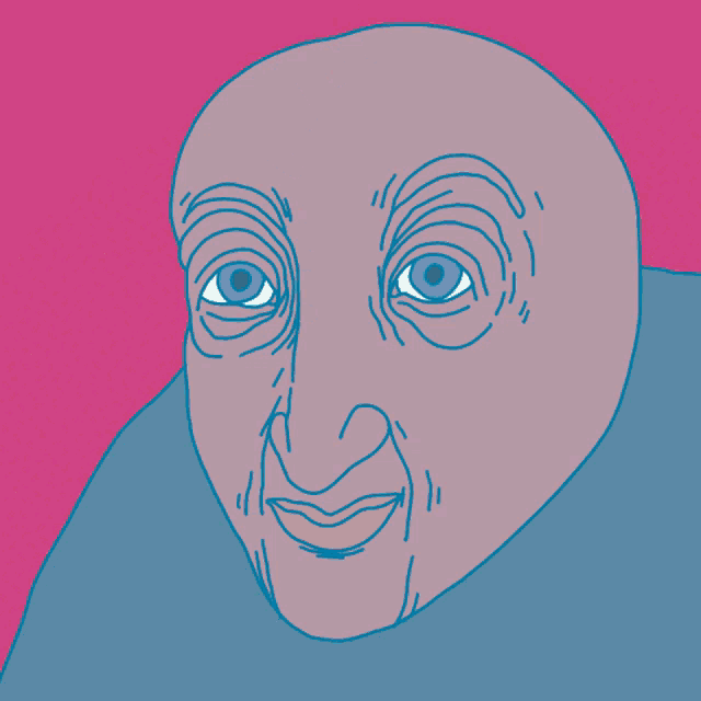 a drawing of a bald man with purple eyes and white lines on his face