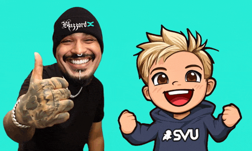 a man wearing a beanie that says kizzard stands next to a boy wearing a hoodie that says svu