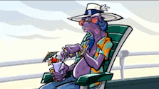 a cartoon man is sitting in a chair drinking a drink