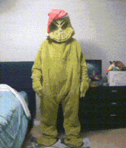 a person dressed in a grinch costume with a santa hat on