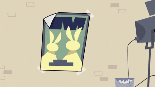 a cartoon character is wearing 3d glasses and looking at a picture of two rabbits