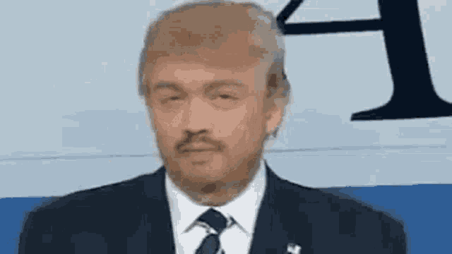 a man in a suit and tie with a wig on his head is making a funny face .