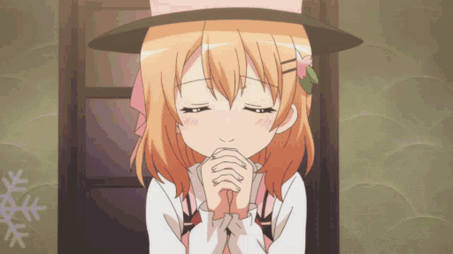 a girl in a top hat is praying with her hands folded