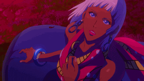 a woman with purple hair and a blue bracelet