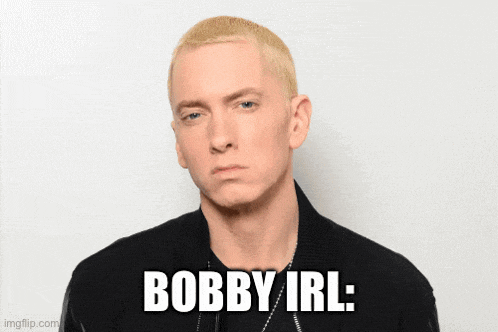a picture of eminem with the caption " bobby irl " on it