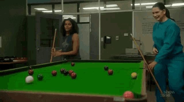 two women are playing pool in a room .