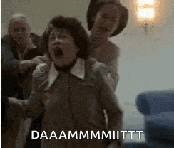 a group of people are standing around a woman who is screaming and the caption says daaammmmiittt .