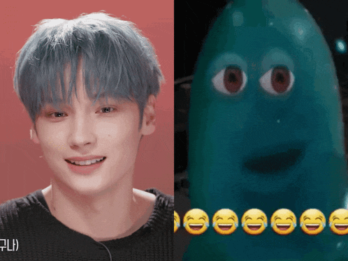 a picture of a man next to a picture of a green cartoon character
