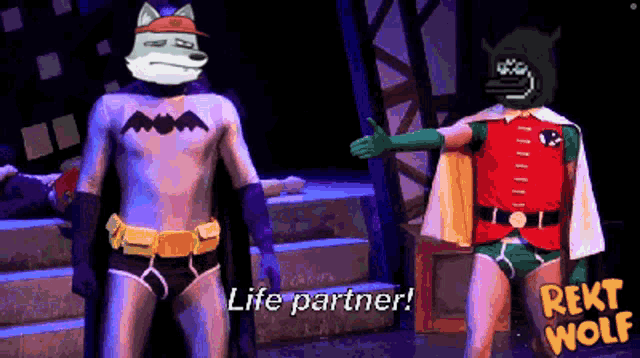 a man in a batman costume is standing next to a man in a robin costume and says life partner