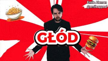 a man is holding a hamburger and a bowl of noodles in front of a red and white background that says glod