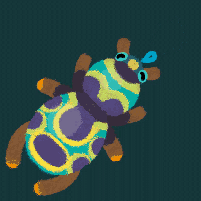 a drawing of a blue and yellow bug with a blue rope around its neck