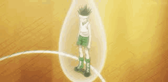 gon from hunter x hunter is standing in a bubble on a yellow background .