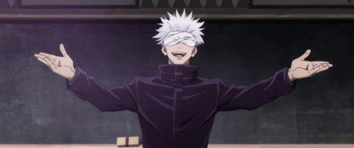a man in a purple jacket has his arms outstretched and his eyes closed