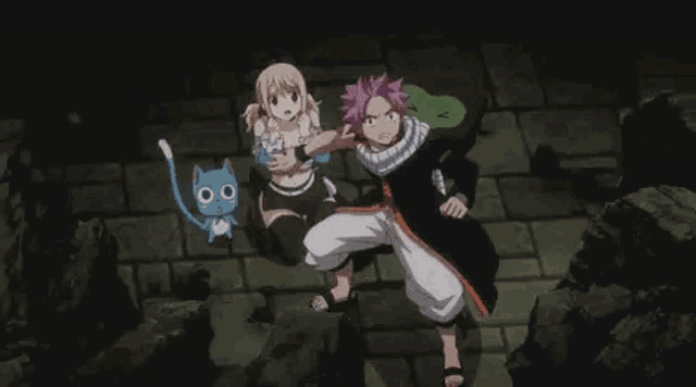 a boy and a girl are standing next to each other in a dark room in a fairy tail anime .
